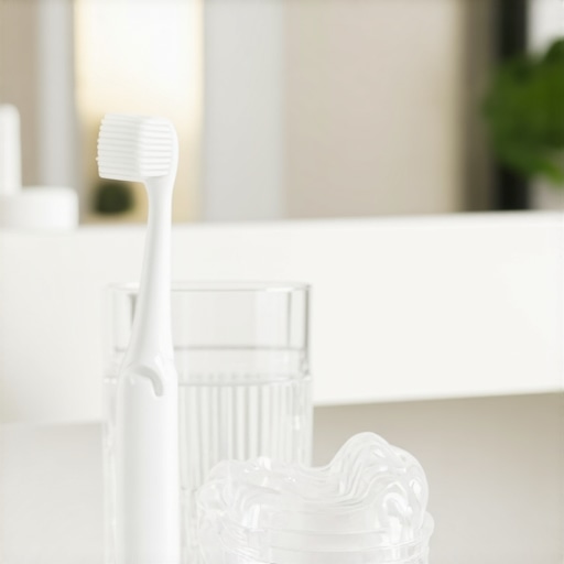 A professional custom-fit mouthguard placed next to a toothbrush and water on a counter.