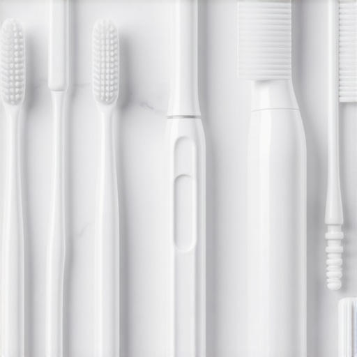 A collection of advanced dental tools including a sonic toothbrush and interdental cleaners on a marble surface.