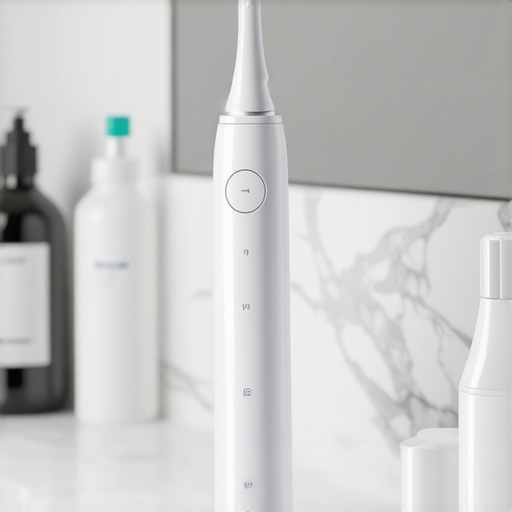 Professional Dental Maintenance Tools An electric toothbrush, water flosser, and night guard on a bathroom counter.