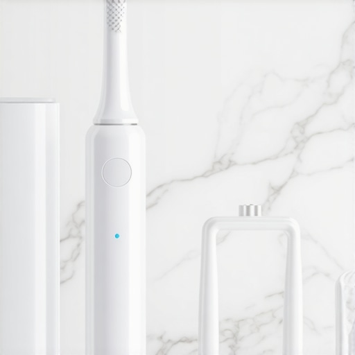 Electric toothbrush, interdental brush, and night guard on a bathroom counter