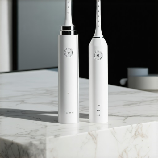 Electric toothbrush and water flosser on a bathroom vanity