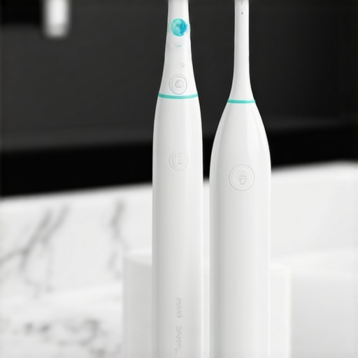 Close up of an electric toothbrush and water flosser for home oral care