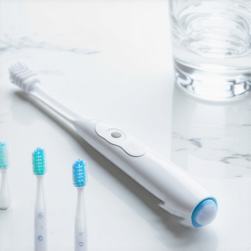 Electric toothbrush and interdental brushes on a bathroom counter for gum health maintenance.