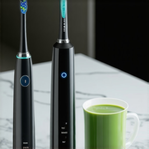 Electric toothbrush and water flosser on a bathroom counter