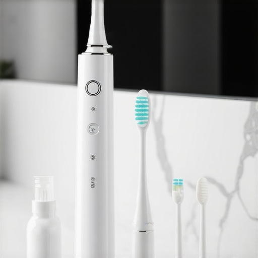 Close-up of an electric toothbrush and water flosser on a marble counter.