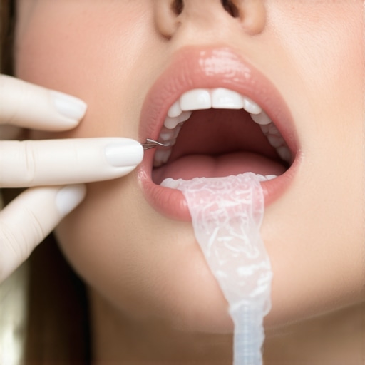Dentist performing an oral cancer screening by inspecting the tongue with gauze.
