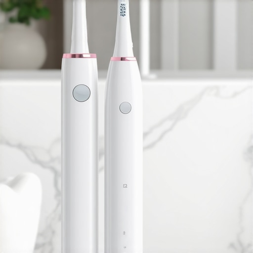 A sonic toothbrush and water flosser on a bathroom counter representing advanced family dental care tools.