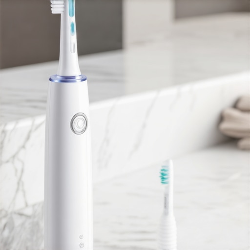Electric toothbrush water flosser and interdental brushes on a bathroom counter