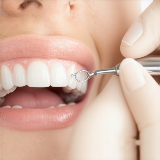 A hygienist performing professional teeth cleaning using an ultrasonic tool