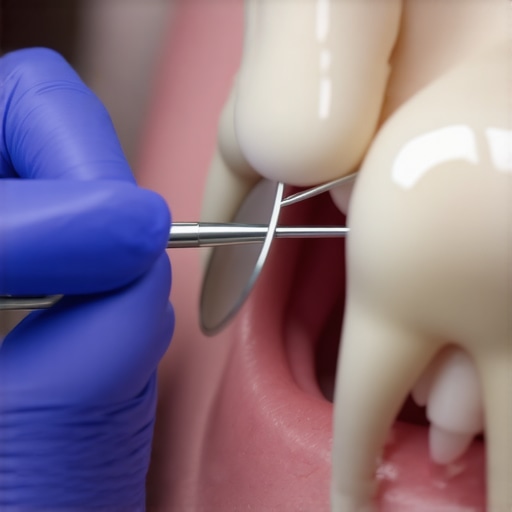 Professional inspection of a dental crown seal A dentist checking a dental crown for microscopic gaps to prevent air pressure pain.