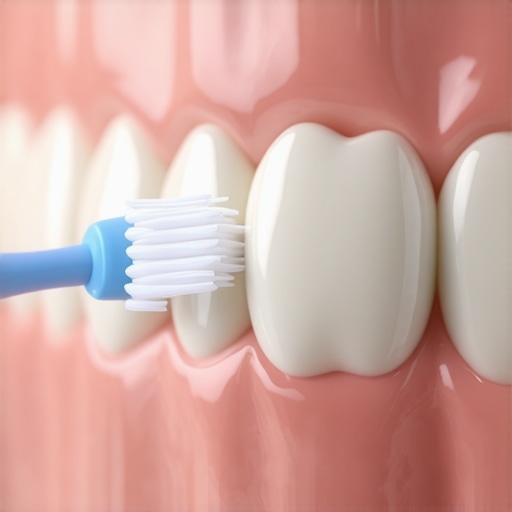 Proper 45-Degree Brushing Technique for Gums and Crowns Close-up of soft toothbrush bristles angled toward the gum line of a dental crown restoration.