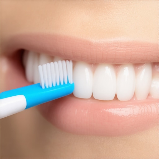 Proper 45-degree brushing technique for gum protection A toothbrush held at a 45-degree angle against the gums to demonstrate gentle cleaning