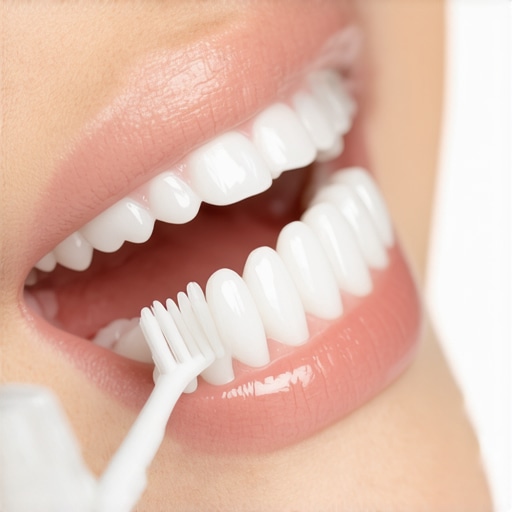 Proper Brushing Angle for Dental Crowns A demonstration of a toothbrush angled at the gum line of a dental crown to remove plaque and prevent odor.