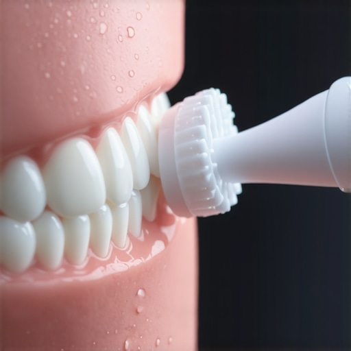 Proper Brushing Technique for Receding Gums Close-up of a soft electric toothbrush at a 45-degree angle against the gum line to prevent recession.