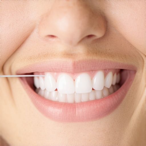 Proper C-Shape Flossing Technique for Debris Removal Close-up of dental floss wrapped around a tooth in a C-shape to remove trapped food.