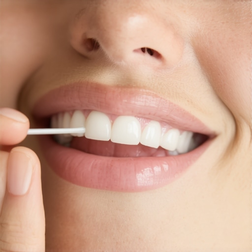 Close-up of a person using dental floss in a C-shape around a tooth to remove biofilm and protect the gumline.