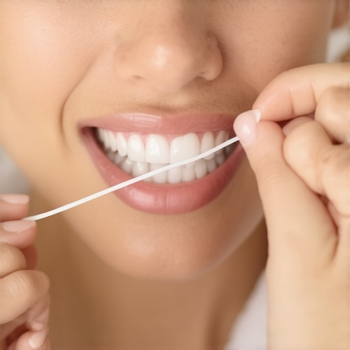 Proper C-Shape Flossing Technique Close-up of dental floss hugging a tooth in a C-shape to remove plaque effectively below the gum line.