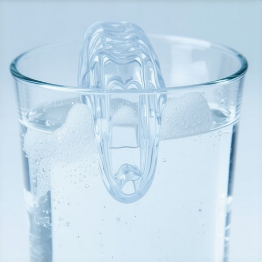 Clear dental night guard in an effervescent cleaning solution with bubbles.