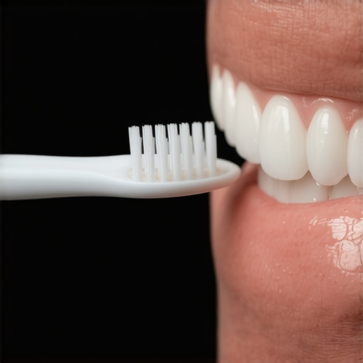 Proper Soft-Touch Toothbrushing Angle Close up of a person brushing teeth correctly at a 45 degree angle with a soft brush.