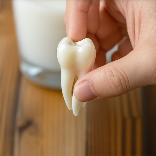 Proper handling of a knocked-out tooth Holding a tooth by the crown to preserve the root cells during a dental emergency