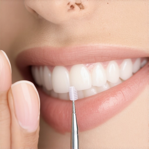 Close-up of interdental brush cleaning a dental crown margin