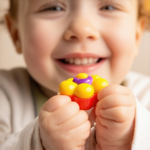A toddler using both hands to play with a toy as a distraction from thumb sucking.