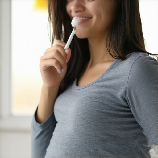 Woman practicing gentle oral hygiene while pregnant to manage tooth sensitivity.