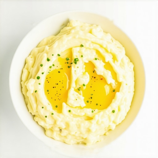 A plate of mashed potatoes and scrambled eggs representing safe foods after a dental crown procedure.