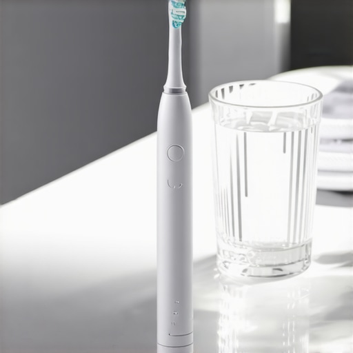 A high-quality electric toothbrush next to a glass of water on a modern vanity