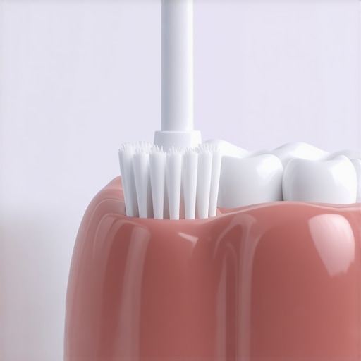 Close-up of soft toothbrush and dental crown model showing gentle gum care