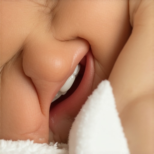 Parent using a cold washcloth to soothe a baby's red teething gums.