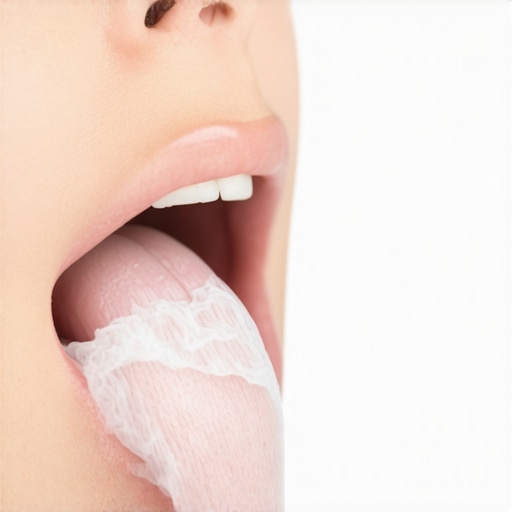 Close-up of a person using gauze to inspect the side of their tongue in a mirror.