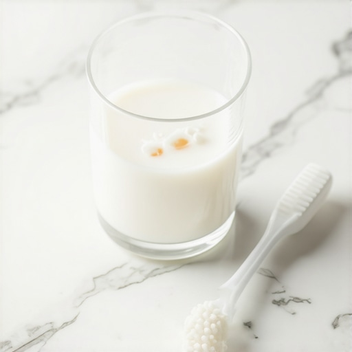 A tooth fragment being preserved in a glass of milk for emergency dental care.