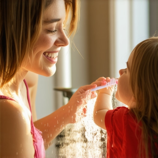Teaching Toddler to Spit Out Toothpaste Mother and toddler practicing spitting water into the sink during dental routine