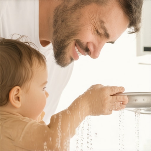 A father and toddler practicing spitting water into a sink during a dental hygiene lesson.