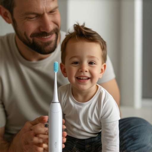 Father and son practicing with an electric toothbrush at home to desensitize dental fears