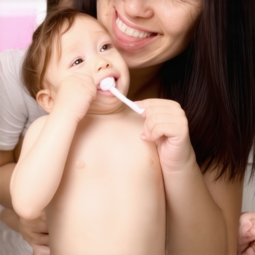 Mother teaching toddler oral health routine by example