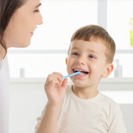 A mother helping her toddler brush their back molars with a soft toothbrush