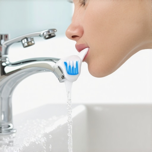 Close up of someone practicing proper dental hygiene by not rinsing after brushing