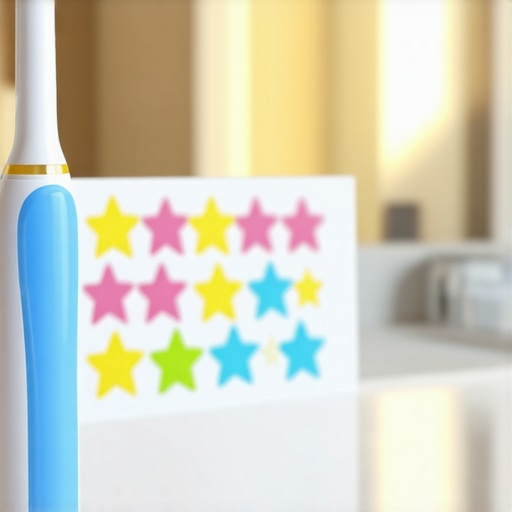 Toddler Sonic Toothbrush and Oral Care Routine Tools A toddler sonic toothbrush with a built-in light next to a habit tracker sticker chart on a bathroom counter.