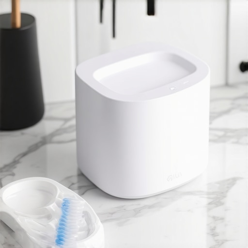 A modern ultrasonic cleaner on a bathroom counter used for retainer and dental appliance maintenance.