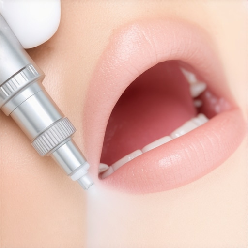 A close-up of a dental ultrasonic scaler removing plaque and tartar during a professional cleaning session.