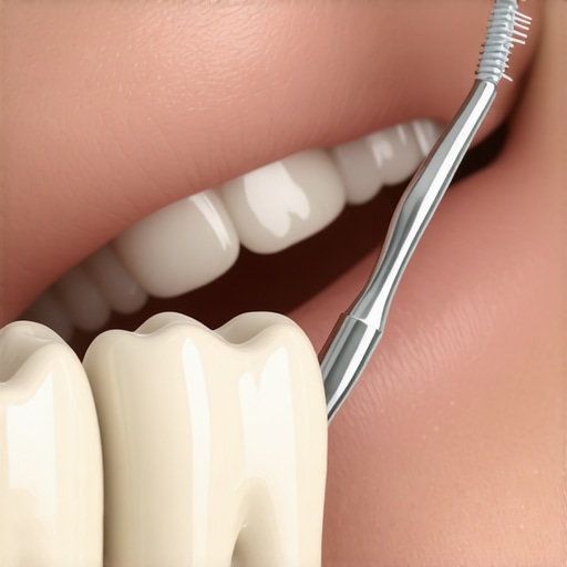 A person cleaning the base of a dental crown with a specialized interdental brush for better oral hygiene.