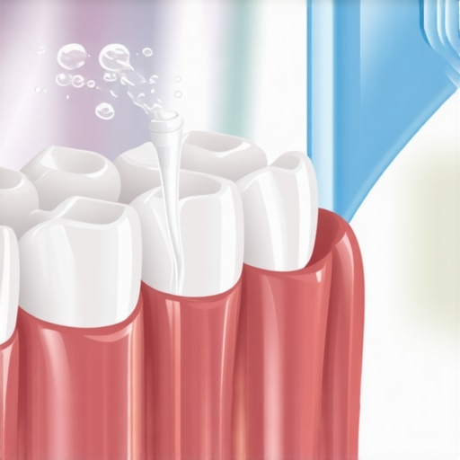 Close up of a water flosser cleaning a dental crown margin gently.