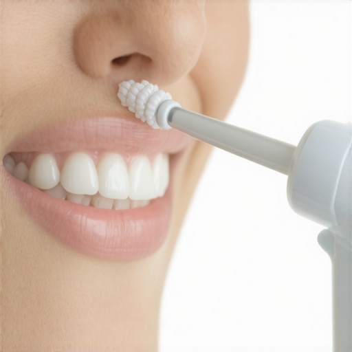 Using a Water Flosser for Crown Maintenance Close-up of a person using a water flosser to clean around a dental crown.