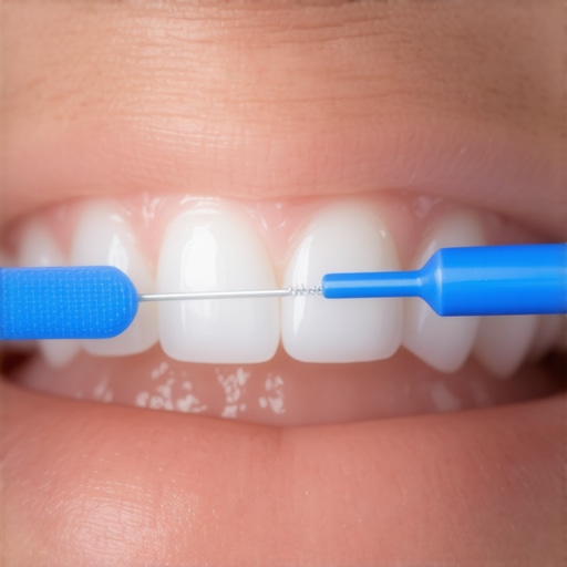 A person demonstrating the correct way to use a floss threader under a dental bridge to remove plaque.