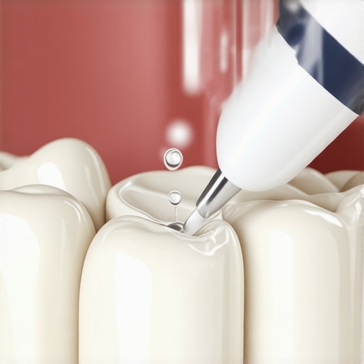 A water flosser cleaning the gap between a dental crown and the gum line to remove bacteria.