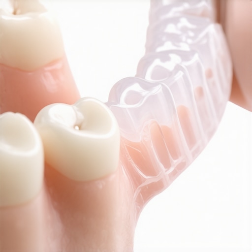 A clear dental retainer held against a dental model showing a visible gap where teeth have shifted.