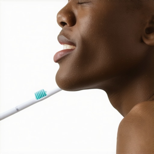 Demonstrating the correct 45-degree toothbrush angle along the gumline to prevent bleeding gums