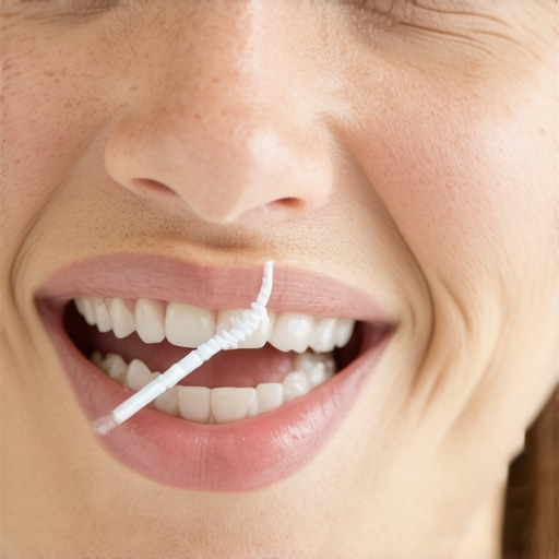 Demonstration of using an interdental brush near the gumline to clear plaque safely.